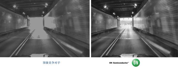 安森美半導體(右圖) vs 頂級競爭對手(左圖)在高對比度場景下的成像 安森美半導體(右圖) vs 頂級競爭對手(左圖)在高對比度場景下的成像