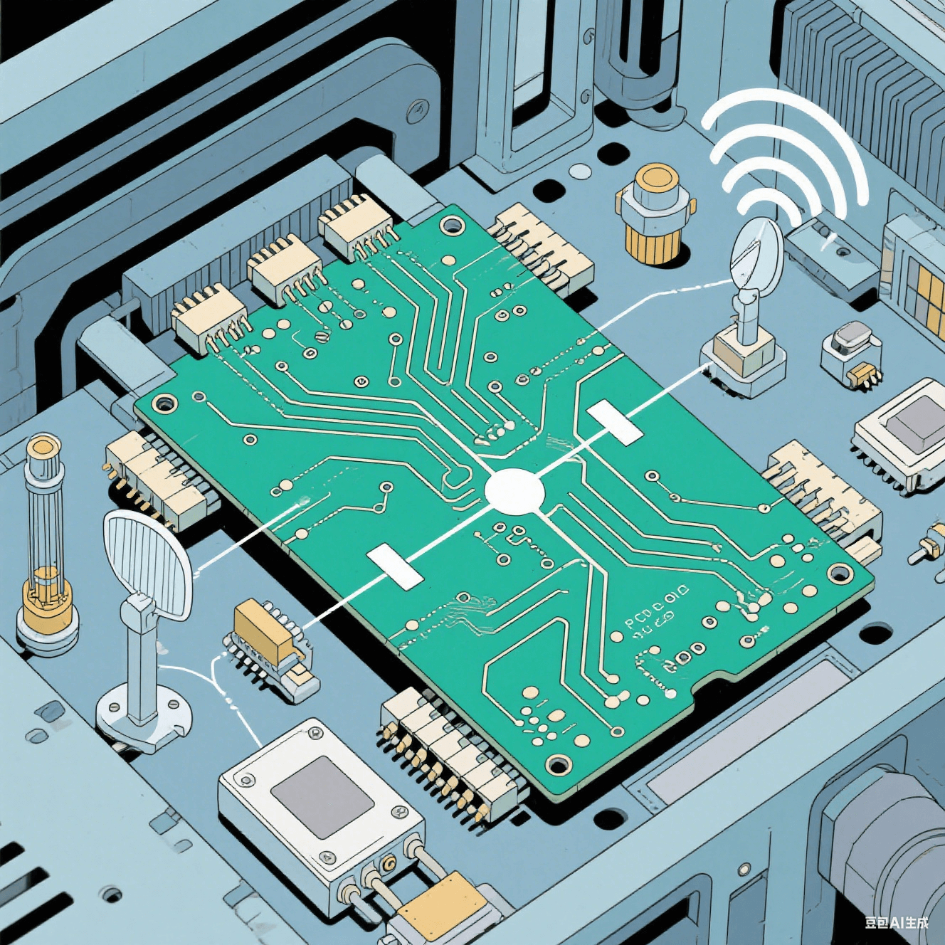 高頻通信設備中 PCB 陶瓷電路板的工作示意圖，顯示電路板上的高頻信號傳輸路徑，周圍有微波器件、天線等元件