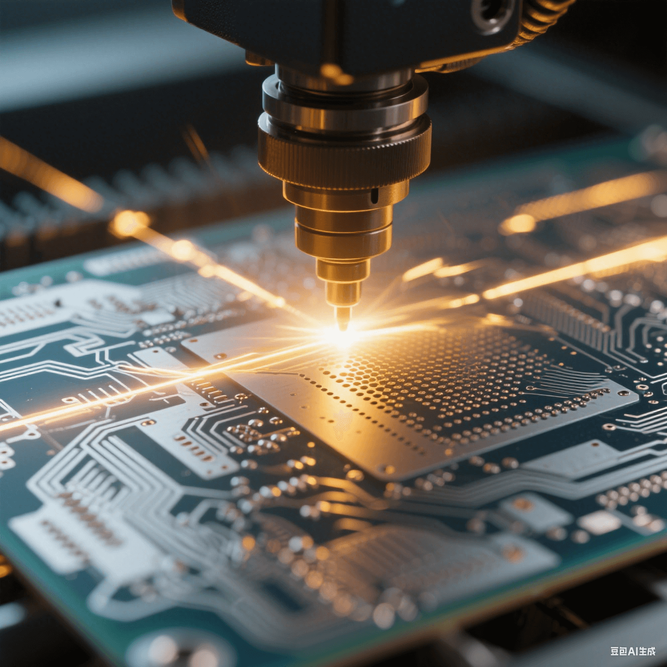 特種印制電路板的激光微孔加工過(guò)程，UV 激光束聚焦于板材，形成精細(xì)微孔