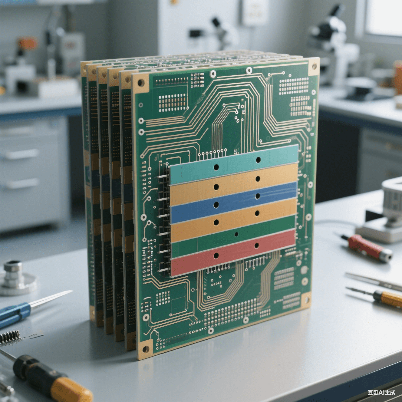 IC 封裝基板多層結構示意圖，展示 3μm 線寬的線路層與絕緣層交替排列，微孔垂直互連設計，背景為實驗室操作臺面。