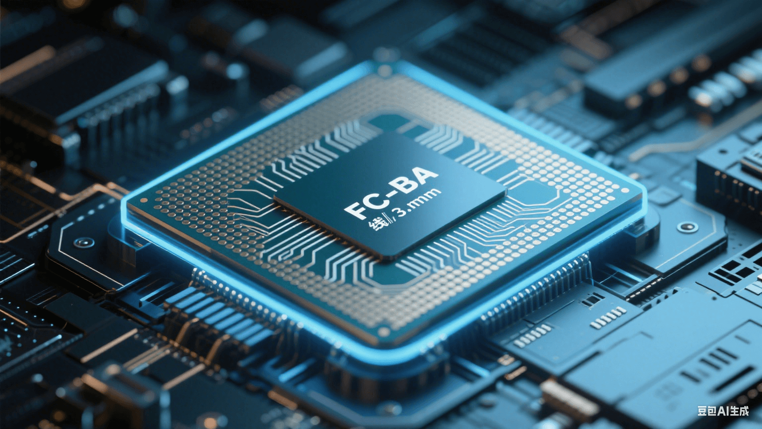 類載板（SLP）高密度互連示意圖，展示 3μm 線寬布線與 FC-BGA 封裝結構，支持 HBM 芯片堆疊集成