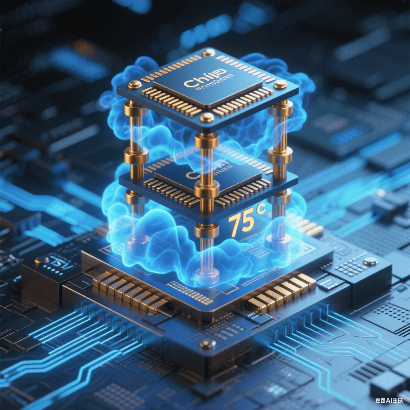 硅中介層上垂直堆疊 3 顆 Chiplet 芯片，銅微凸點如金色支柱連接，TSV 通孔散發藍色流光