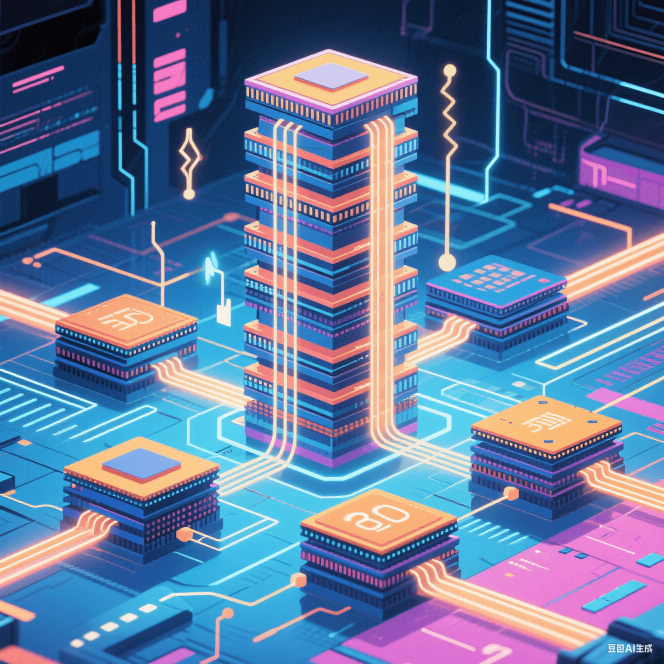 3D 封裝技術示意圖，多芯片堆疊通過 TSV 硅通孔互連，搭配微通道散熱結構，呈現 Chiplet 異構集成場景。