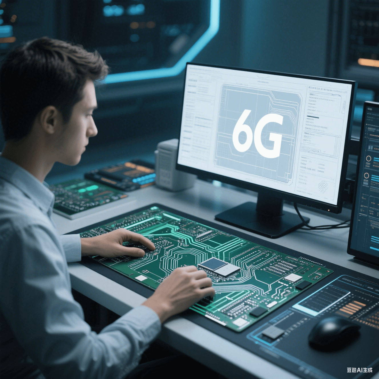 設計師使用碳氫樹脂和改性聚苯醚等低損耗基材進行 6G 通信高速電路板設計，在電腦前進行線路布局