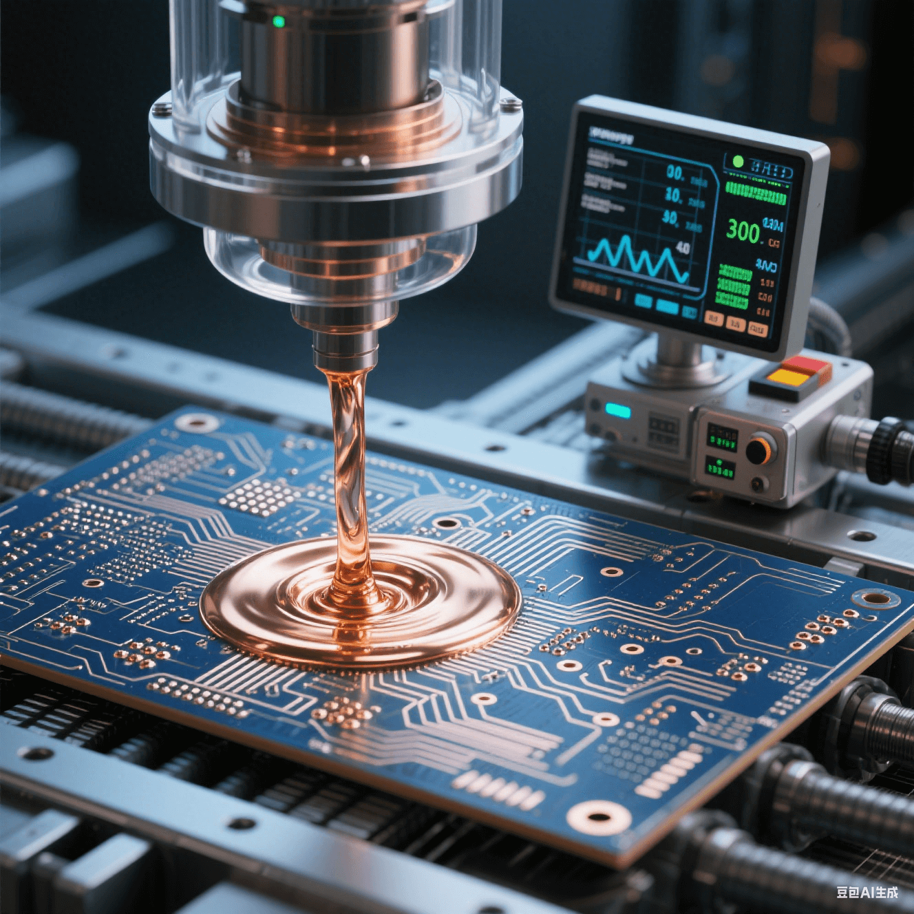 量子計算高速電路板使用真空填銅工藝，銅液在真空中填充微孔，旁邊監控設備顯示參數