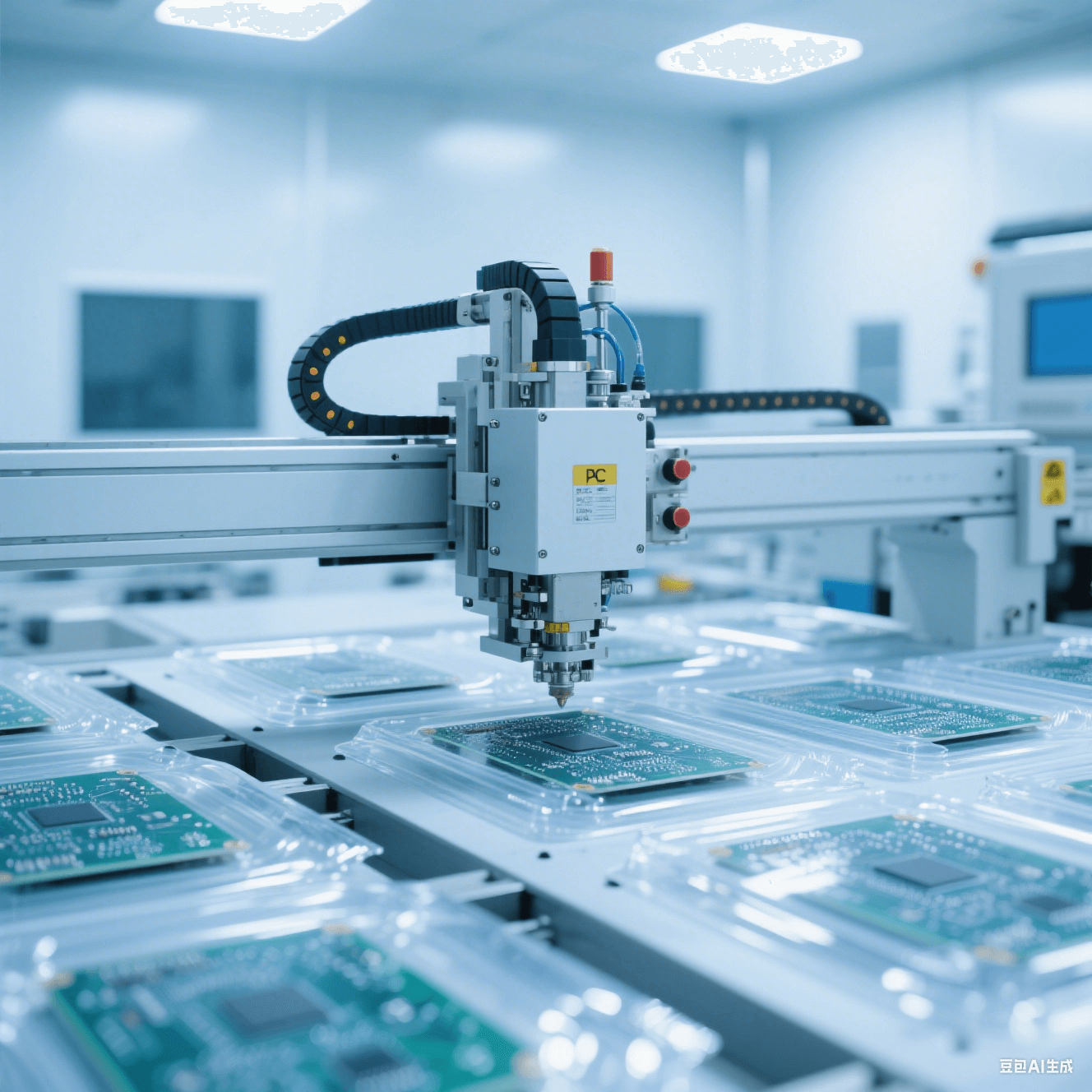 潔凈封裝車間內自動封裝設備對 PCB 板進行封裝,透明封裝材料在燈光下反光 潔凈封裝車間內自動封裝設備對 PCB 板進行封裝,透明封裝材料在燈光下反光