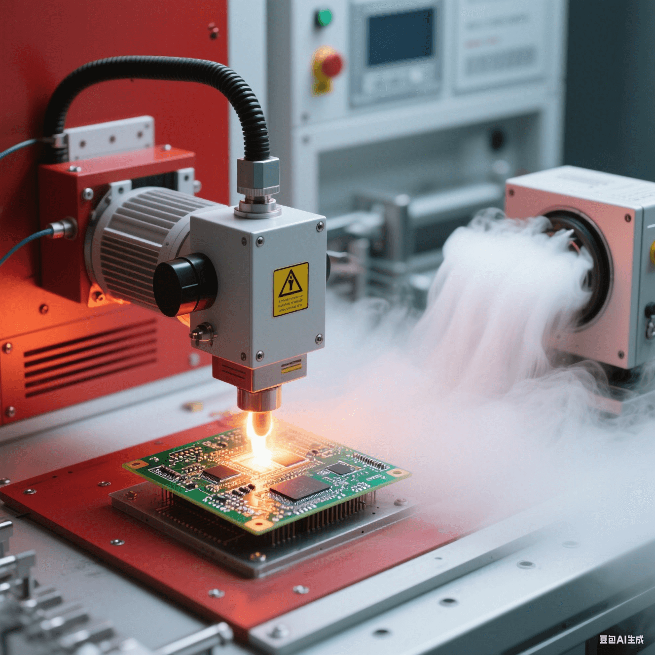 高溫測試實驗室中加熱設備對 PCB 板進行測試,冷卻裝置散發白色霧氣 高溫測試實驗室中加熱設備對 PCB 板進行測試,冷卻裝置散發白色霧氣