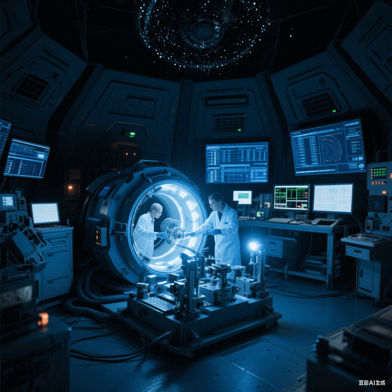 太空環(huán)境模擬實(shí)驗(yàn)室中科研人員模擬微重力下的微孔加工，實(shí)驗(yàn)艙燈光閃爍