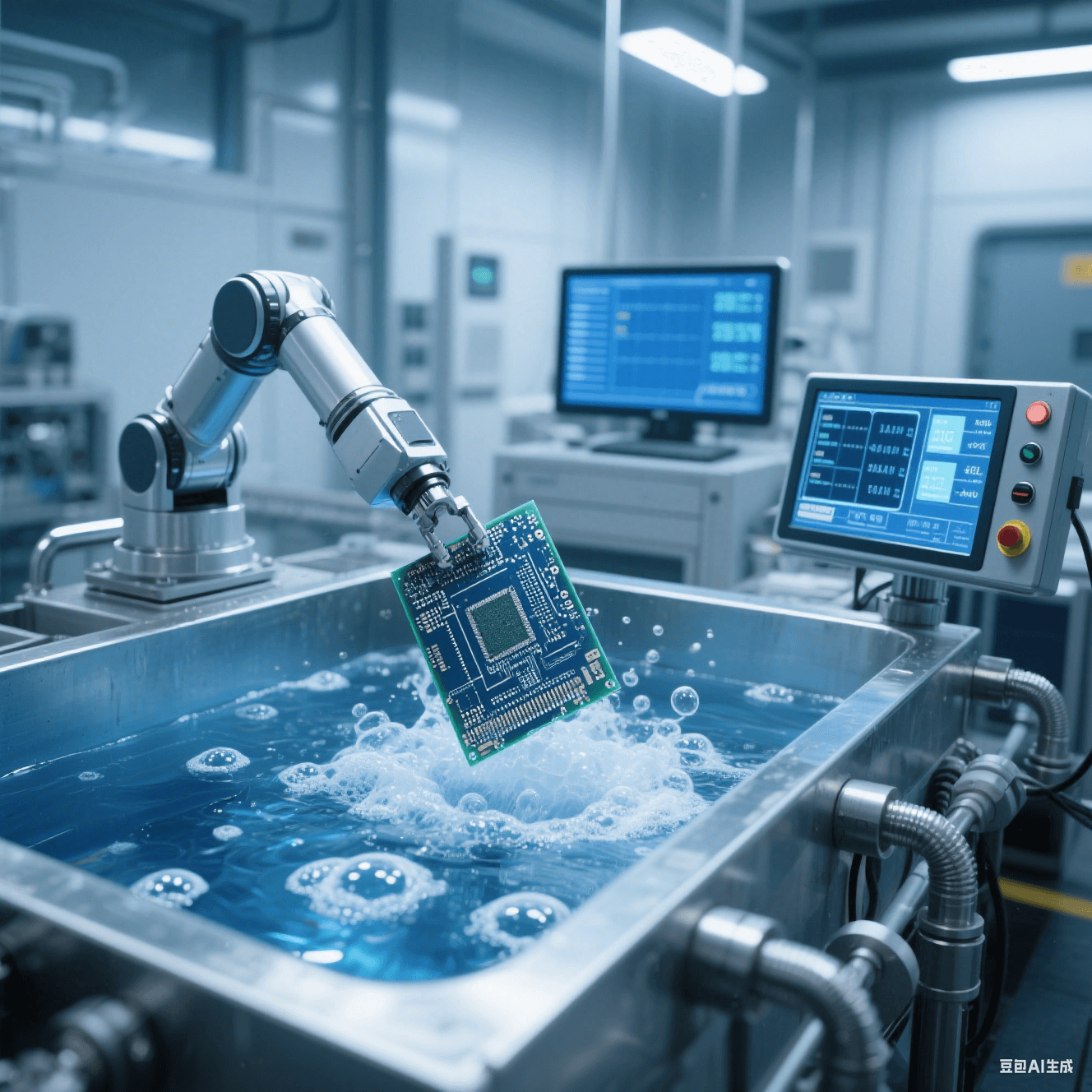 現代化電鍍車間中電鍍槽溶液冒泡,機械手臂將 PCB 板放入槽內電鍍,旁側監測儀器顯示數據 現代化電鍍車間中電鍍槽溶液冒泡,機械手臂將 PCB 板放入槽內電鍍,旁側監測儀器顯示數據