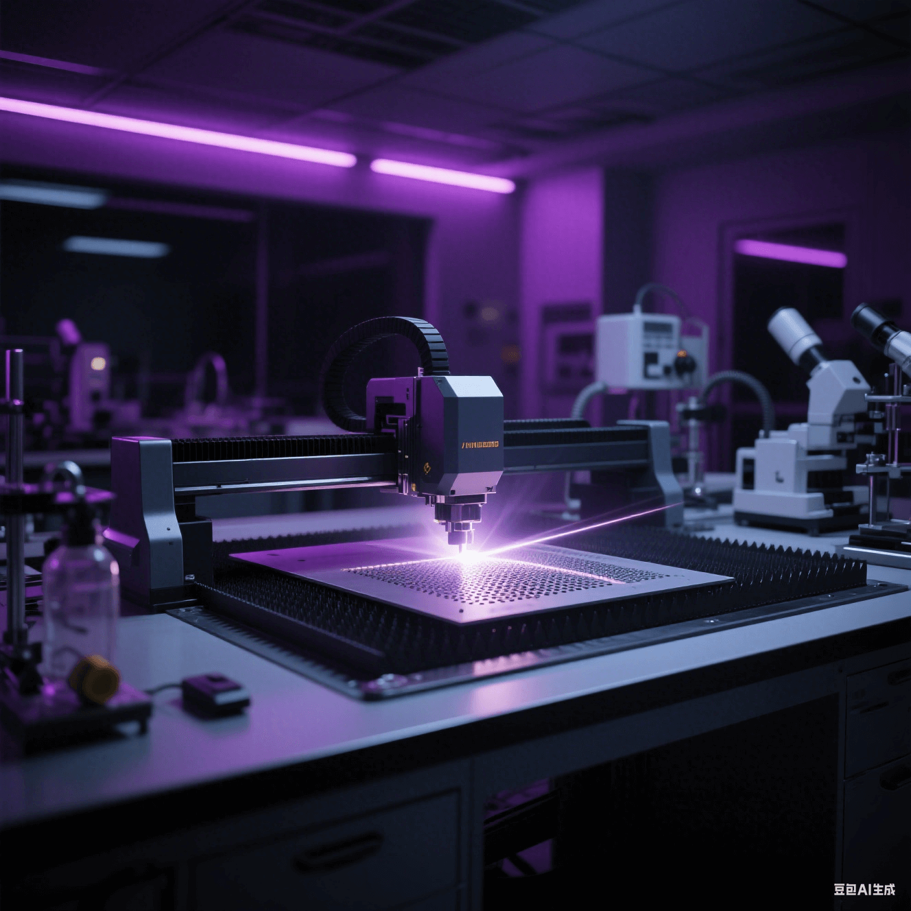 材料實(shí)驗(yàn)室中激光切割設(shè)備對(duì)新型微孔加工材料進(jìn)行切割，切割光線照亮實(shí)驗(yàn)室