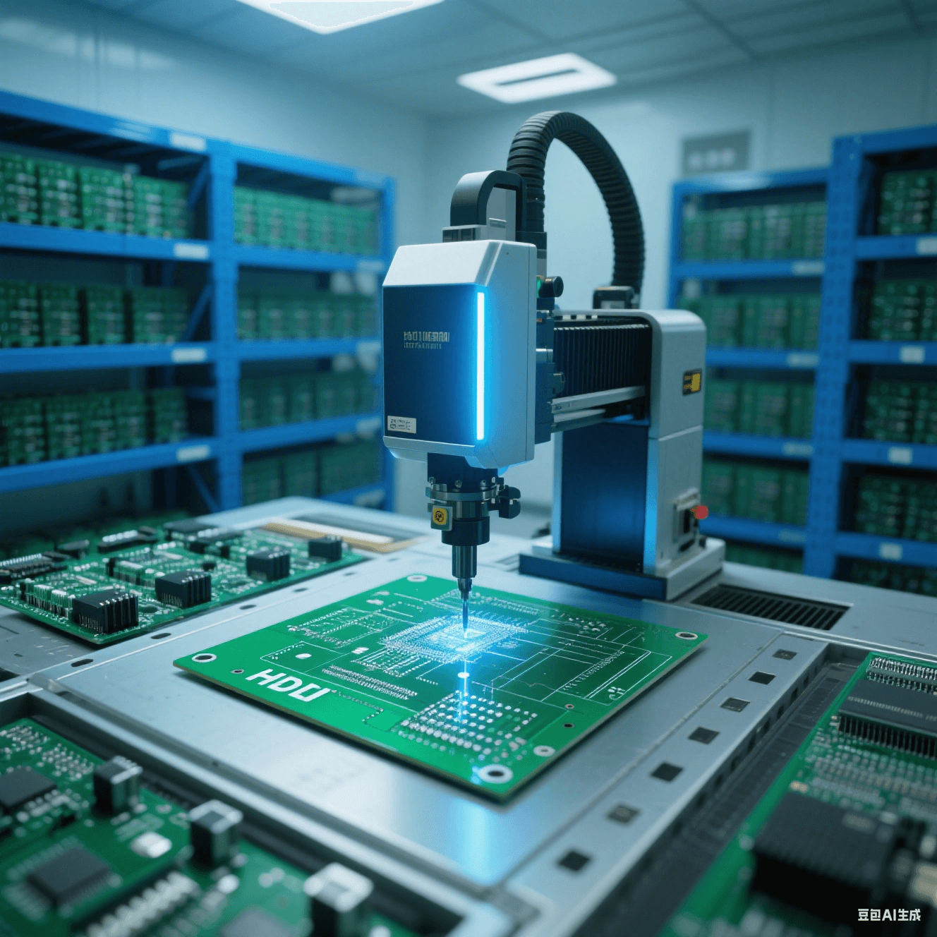 無塵車間內先進的激光鉆孔機正對綠色 HDI 板進行高精度鉆孔,機器發出藍色光束,周圍是整齊的電子元件貨架 無塵車間內先進的激光鉆孔機正對綠色 HDI 板進行高精度鉆孔,機器發出藍色光束,周圍是整齊的電子元件貨架