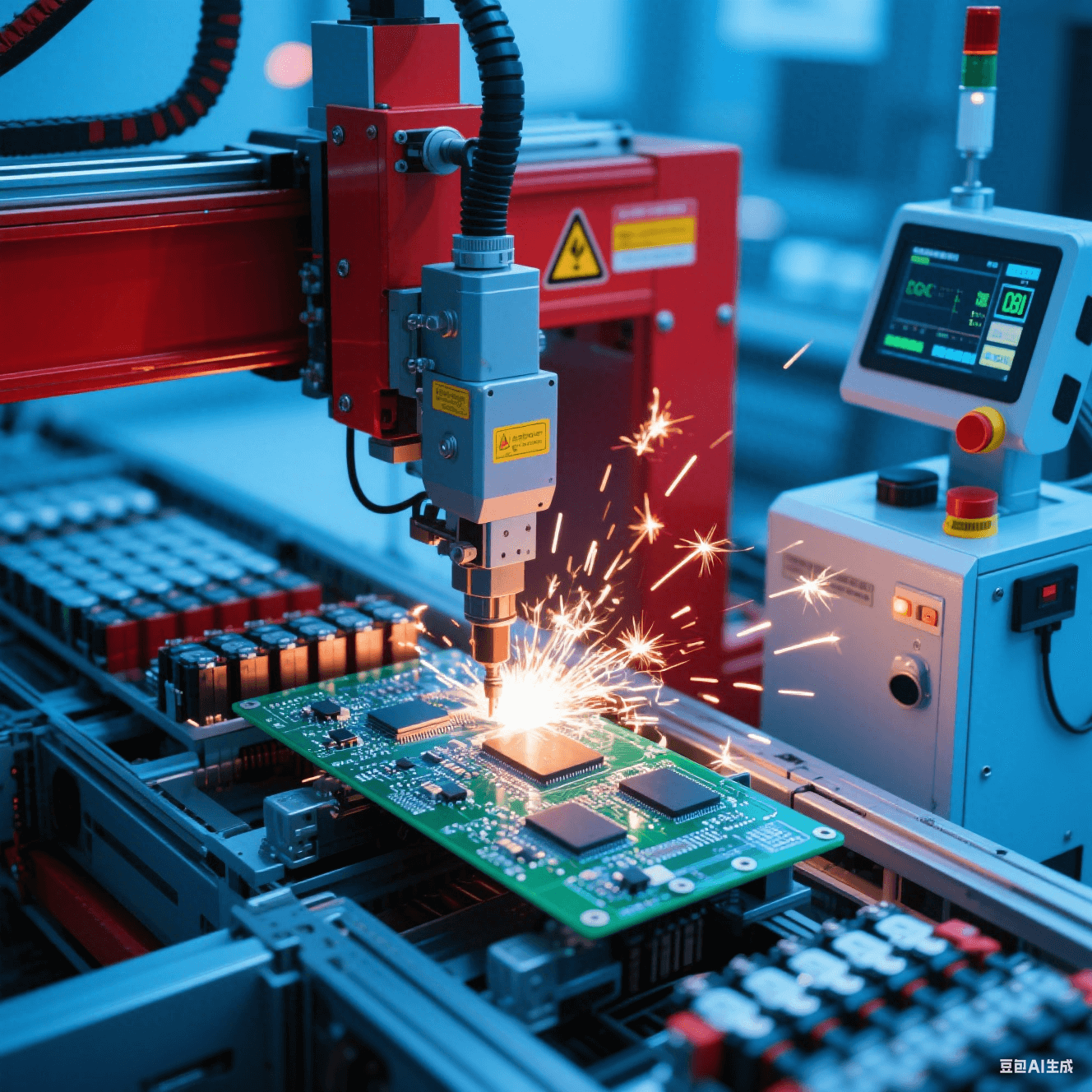 新能源汽車電池生產線中自動化設備焊接 BMS 板，焊接火花閃爍，旁側檢測設備監控質量