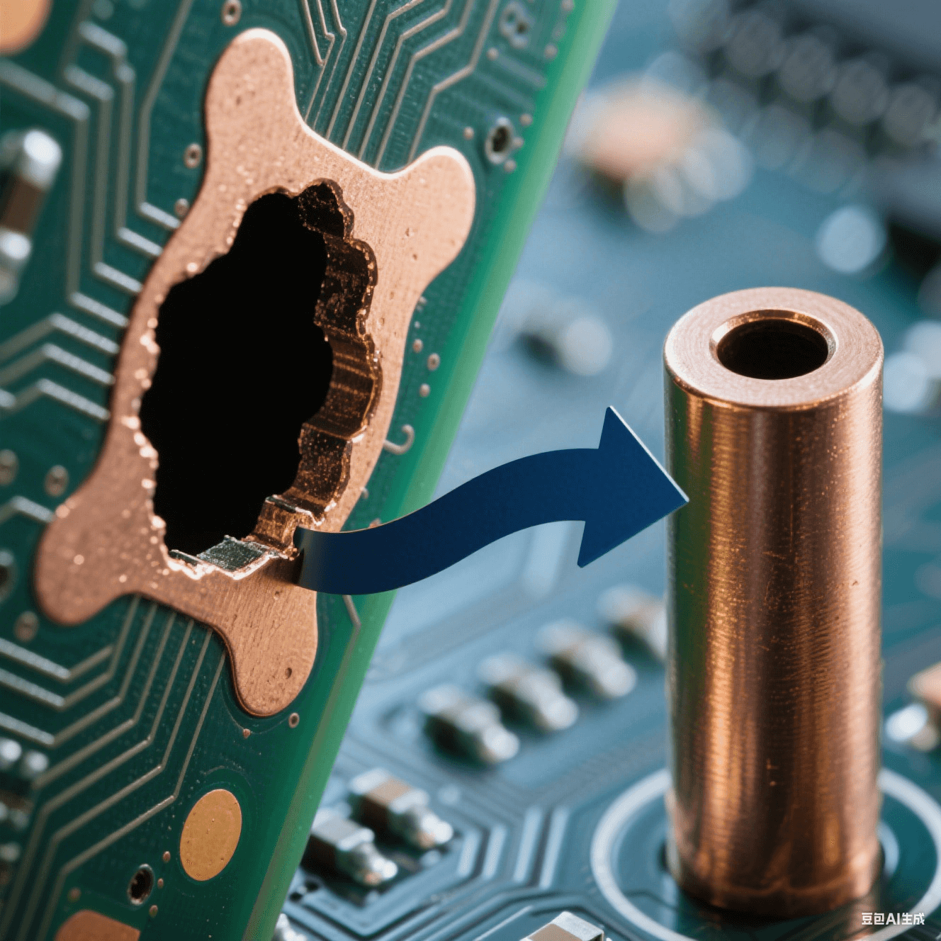 深徑比 101 的 PCB 盲孔顯微特寫，左側(cè)孔口 “狗骨” 凸起與中部空洞缺陷，右側(cè)對比均勻銅填充柱體，深藍(lán)背景中鍍液循環(huán)箭頭呈現(xiàn)孔口堵塞與孔內(nèi)暢通的動態(tài)反差。