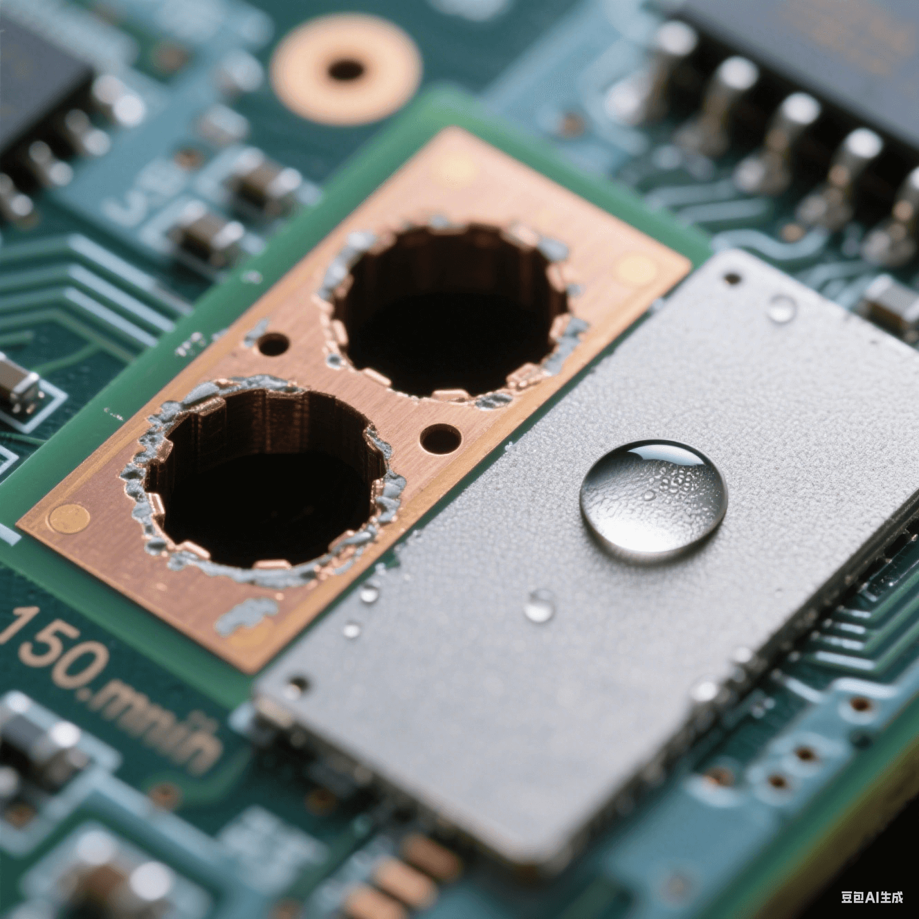 150μm 微孔橫截面顯微攝影：左側(cè)孔壁殘留環(huán)氧樹脂暗斑，右側(cè)清潔后呈現(xiàn)均勻磨砂微蝕表面，對比 85° 水滴與 30° 鋪展水膜的接觸角差異，電路板背景景深虛化