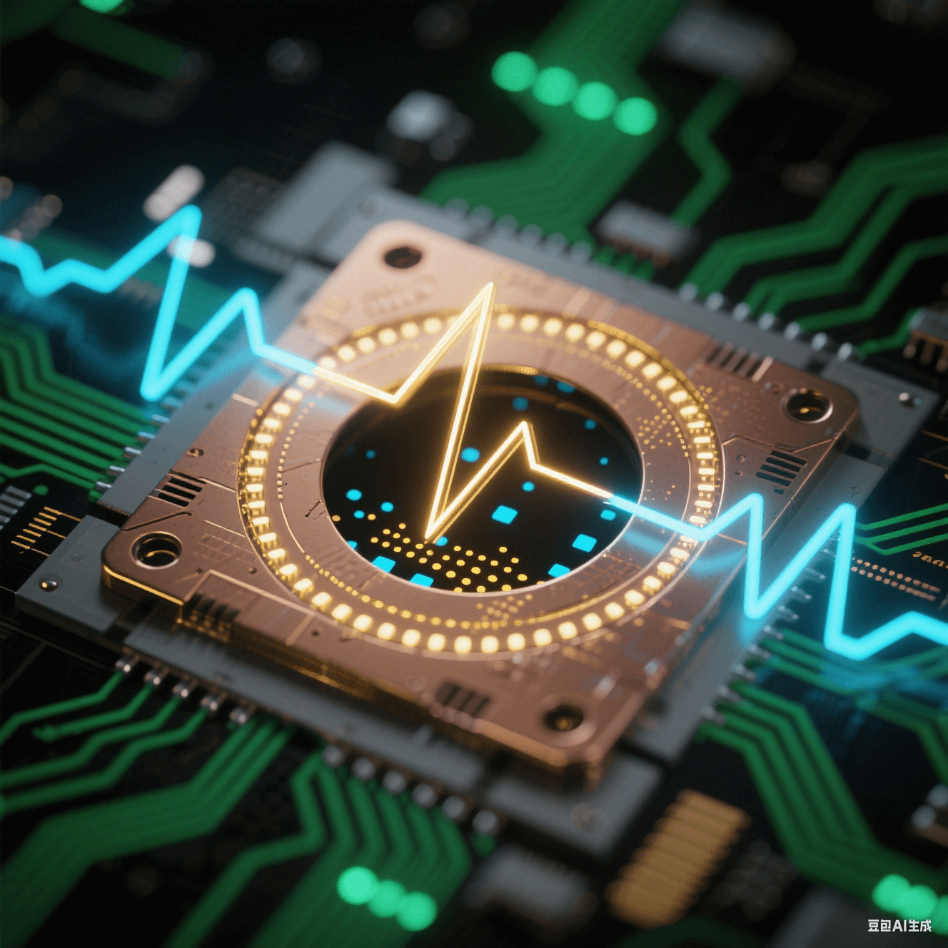 PCB 孔洞懸浮于深空黑背景，金色正向脈沖與藍(lán)色反向脈沖波形環(huán)繞，孔內(nèi)離子濃度以孔口稀疏藍(lán)點(diǎn)、孔底密集金點(diǎn)的漸變粒子流表現(xiàn)