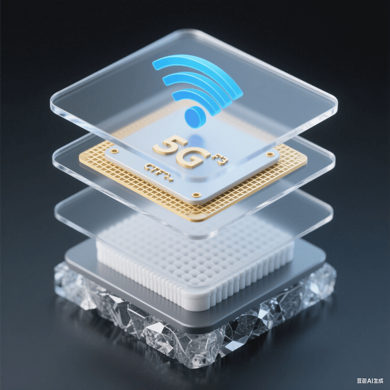 5G 天線模組分層結(jié)構(gòu)：含氟聚酰亞胺基板 (Dk=2.8) 與陶瓷填充 PTFE 協(xié)同降低信號(hào)損耗 40%