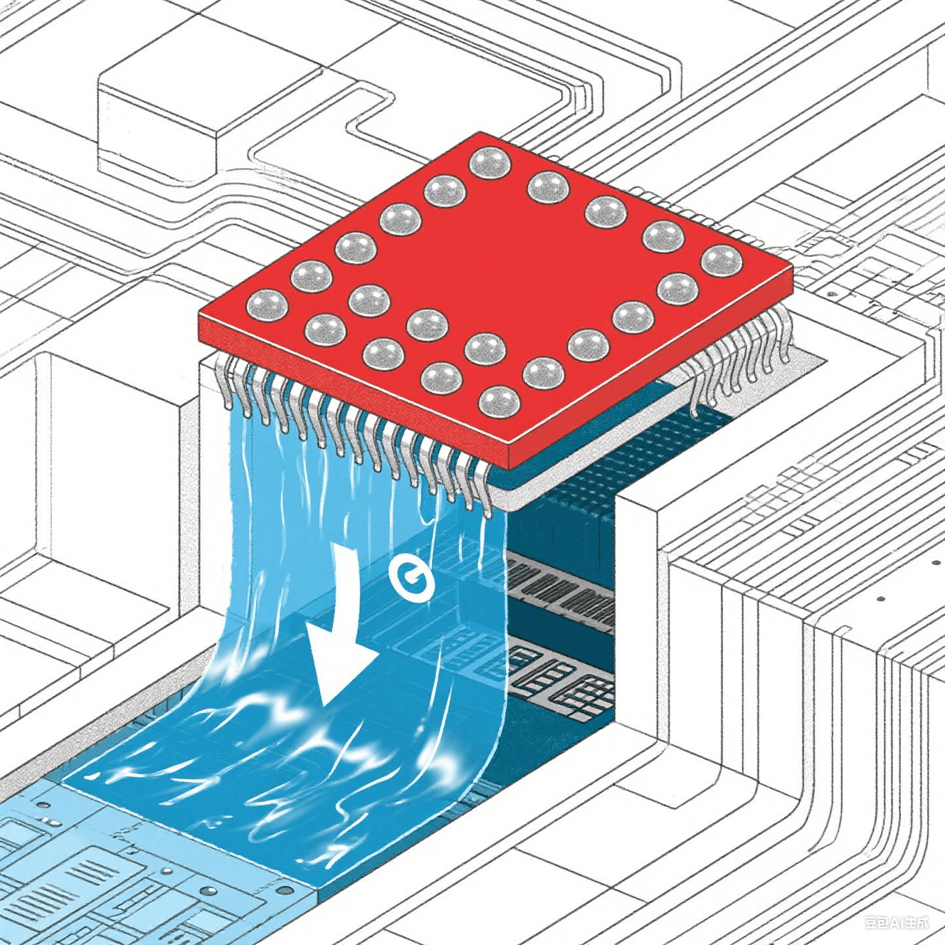 BGA封裝散熱原理：芯片核心紅色高溫區(qū)經(jīng)焊球陣列傳導(dǎo)至藍色低溫基板，箭頭指示15℃溫降，液態(tài)金屬在基板層流動