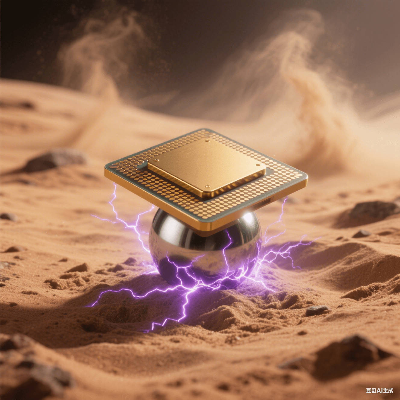 極端環(huán)境應(yīng)用：金色陶瓷封裝芯片置于火星沙地，底部焊球外露，紫色電弧模擬抗輻射性能，沙塵暴背景凸顯可靠性