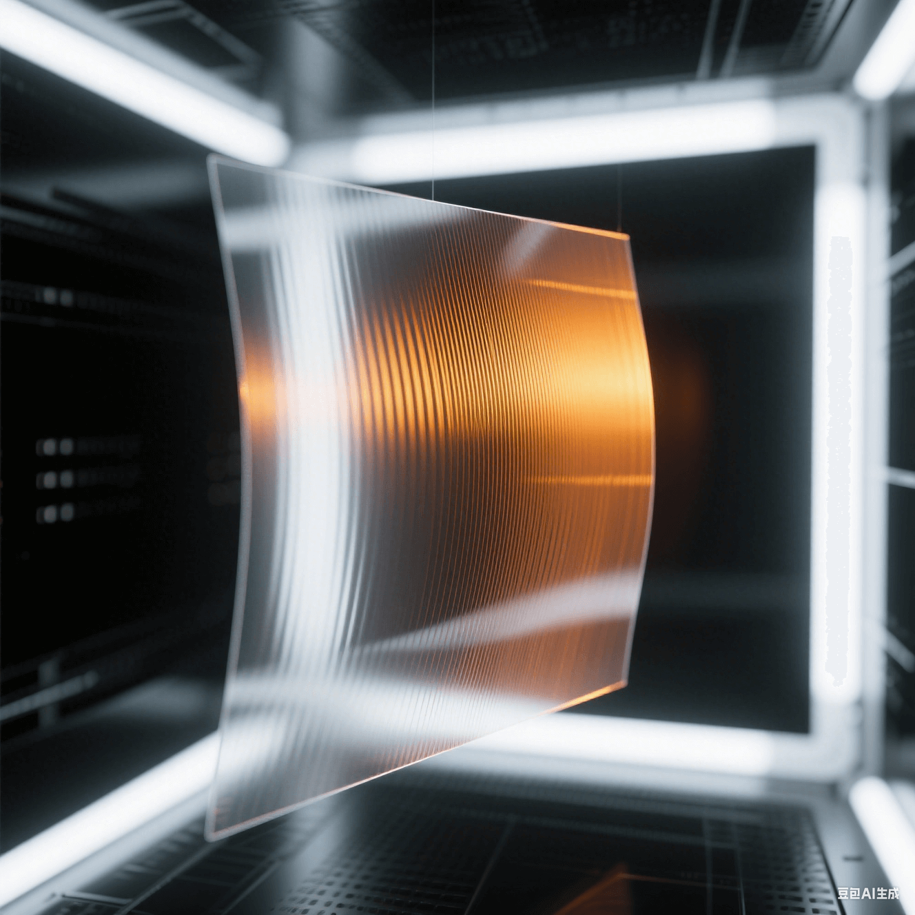 透明PI膜懸浮于冷白光真空腔，150℃/250℃溫階折射出橙/金雙色干涉條紋，殘余應力消散軌跡具象化為偏振光柵變形