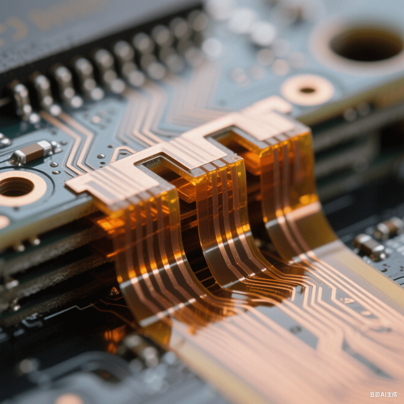 微距攝影:超薄聚酰亞胺薄膜與銅箔交錯疊加的橫截面,琥珀色半固化膠層如琥珀包裹電路,金屬光澤與啞光基材形成材質對比 微距攝影:超薄聚酰亞胺薄膜與銅箔交錯疊加的橫截面,琥珀色半固化膠層如琥珀包裹電路,金屬光澤與啞光基材形成材質對比