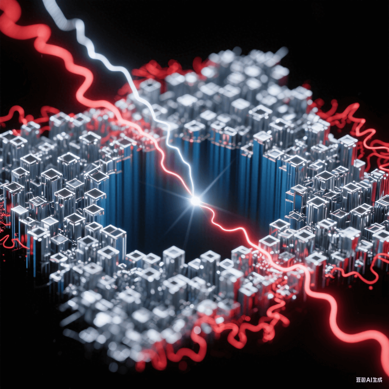 銀色正向電流束在深藍孔底構建致密晶體矩陣，紅色反向電流波紋溶解邊緣毛刺，金屬離子流呈現粒子軌跡追蹤特效