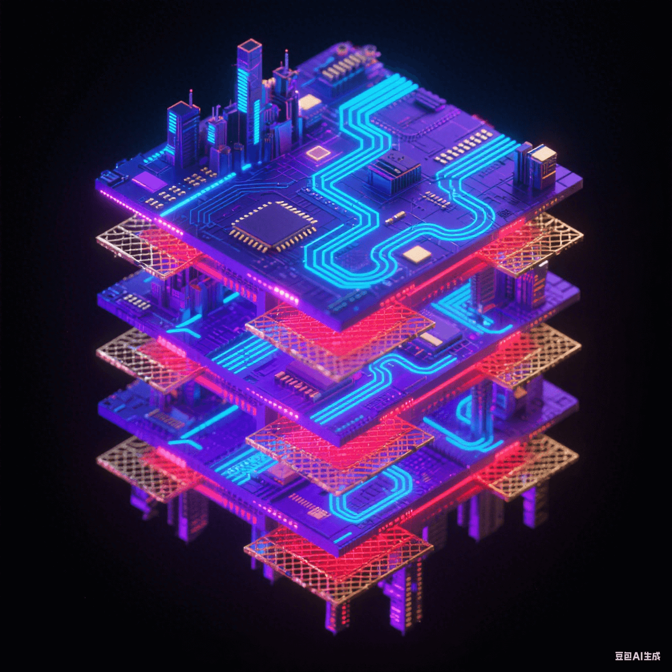 霓虹藍紫光效的8層電路板爆炸視圖:信號層蛇形走線發藍光,電源層泛紅光,接地層呈金網,各層懸浮排列如未來城市 霓虹藍紫光效的8層電路板爆炸視圖:信號層蛇形走線發藍光,電源層泛紅光,接地層呈金網,各層懸浮排列如未來城市