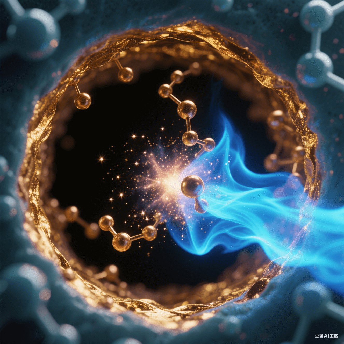 氧等離子體流如藍色火焰掃過微孔，孔壁表面能提升形成金色親水膜，化學沉銅離子如星云向孔內聚集 