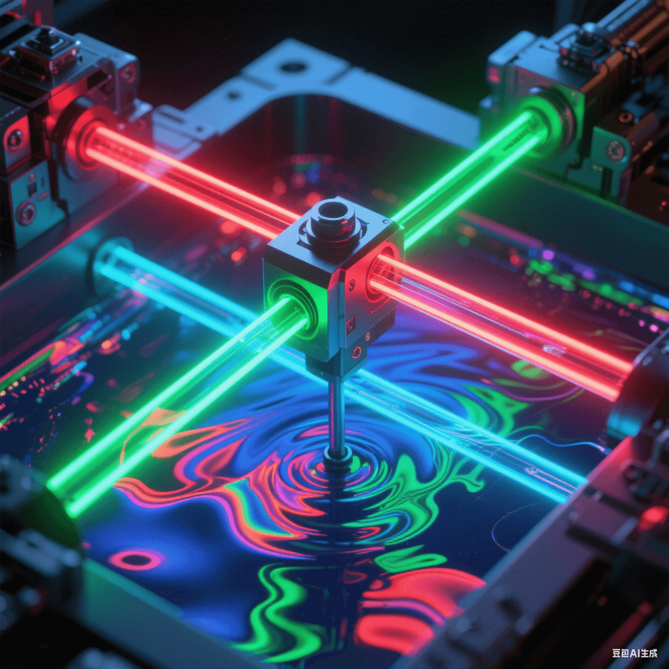 紅/綠/藍三色光軌沿XYZ軸規律脈動，電解液在透明電鍍槽內形成非牛頓流體波紋，濃度梯度折射虹彩光暈