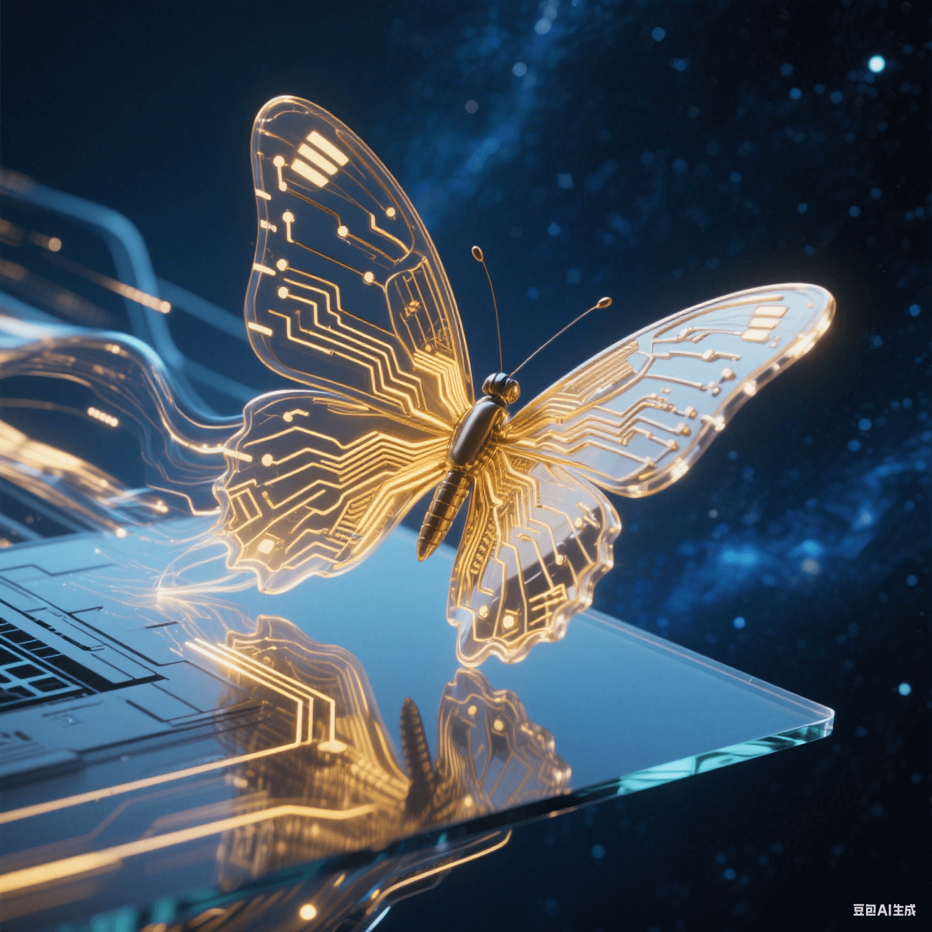 未來主義電子蝴蝶:半透明金色多層電路板如蝶翼般從玻璃基板破繭而出,流光粒子在柔性折疊處流動,背景深藍宇宙星塵 未來主義電子蝴蝶:半透明金色多層電路板如蝶翼般從玻璃基板破繭而出,流光粒子在柔性折疊處流動,背景深藍宇宙星塵