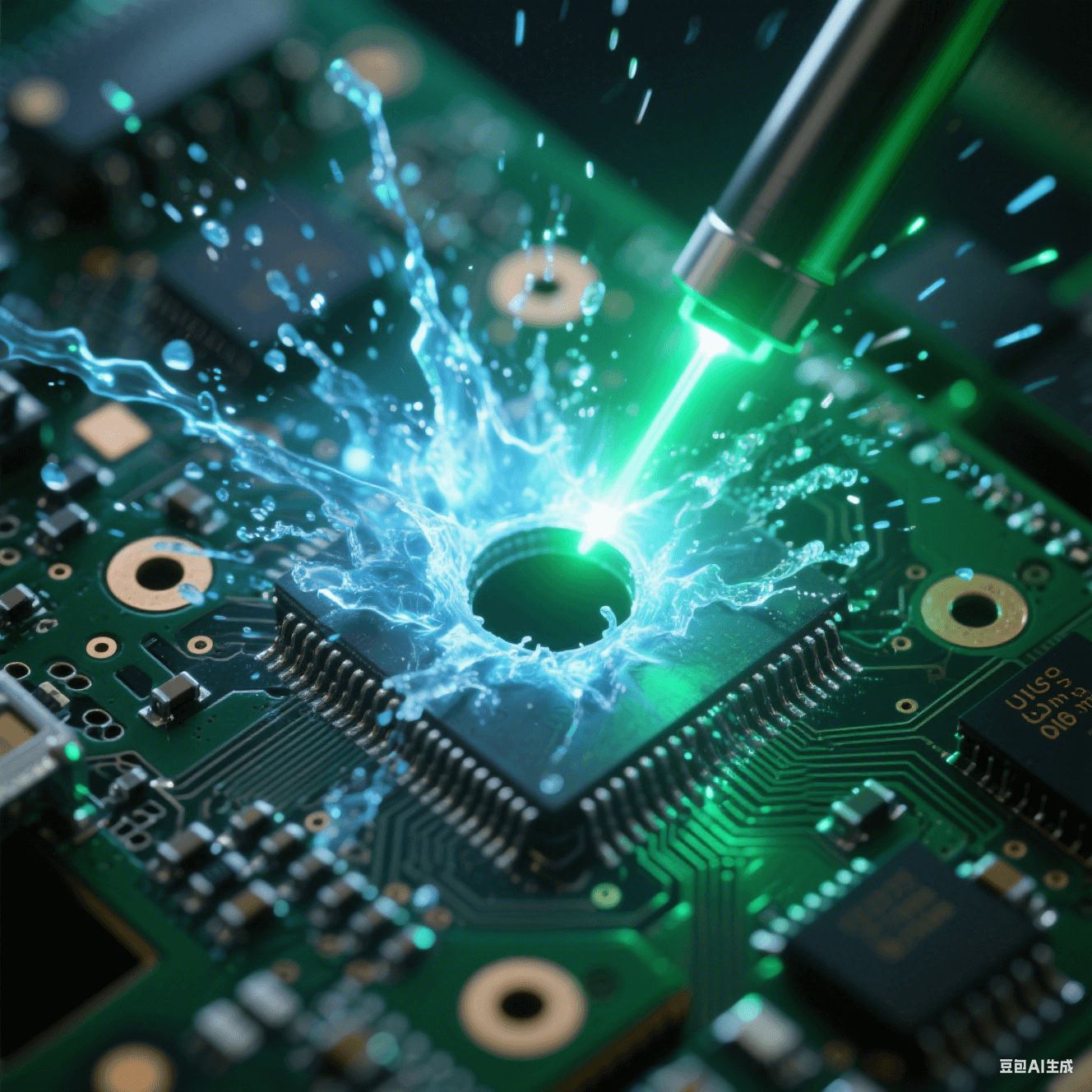 532nm綠激光脈沖穿透電路板瞬間，等離子體藍光從0.1mm孔內爆發，熱影響區控制在3μm內的冰凍特效