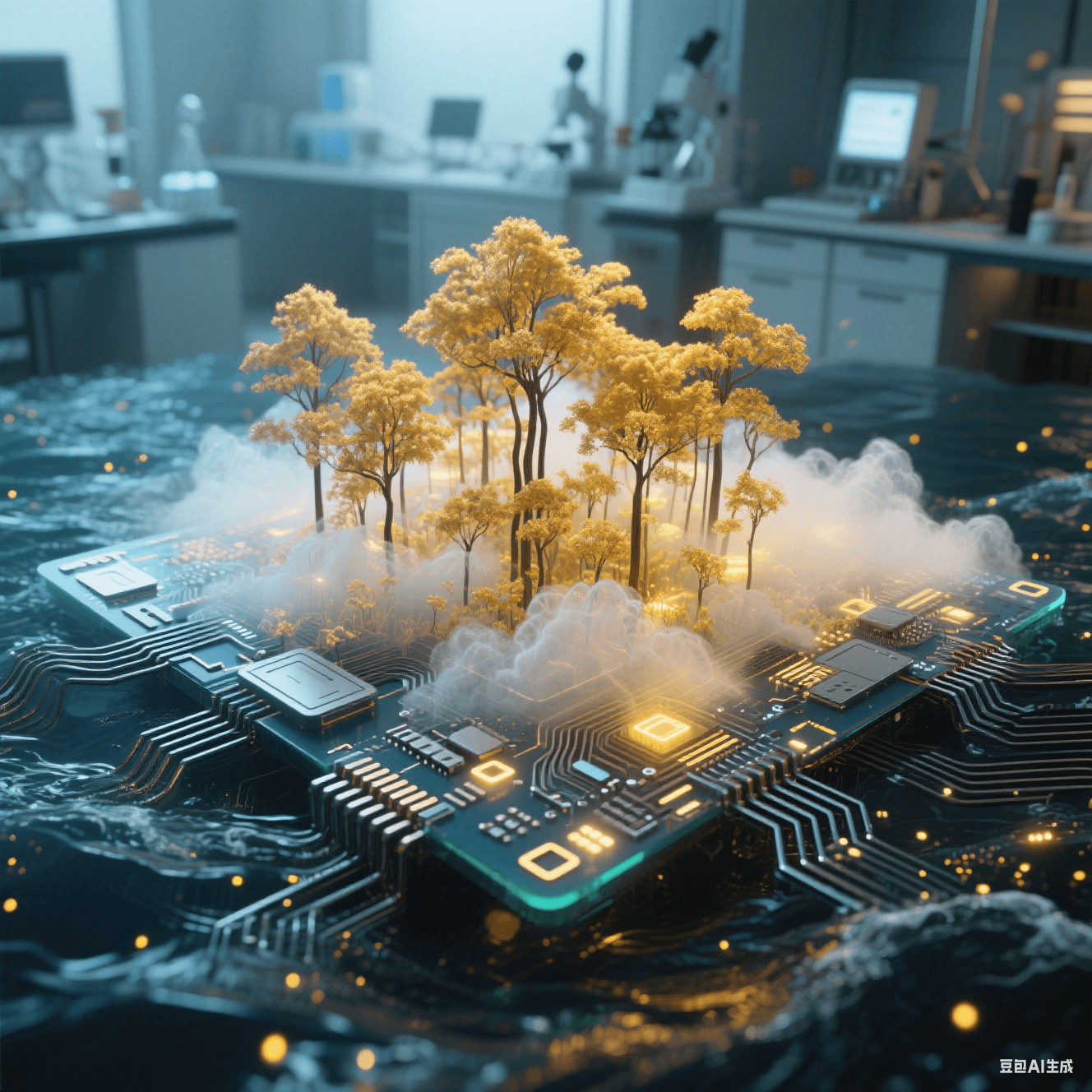 碳納米管在電路表面生長成金色森林,氣凝膠絕緣層如透明云霧籠罩,降解基板在海水中化為發光粒子 碳納米管在電路表面生長成金色森林,氣凝膠絕緣層如透明云霧籠罩,降解基板在海水中化為發光粒子