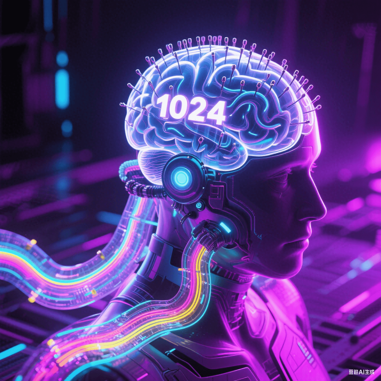 1024通道柔性電極陣列植入透明腦模型,思維脈沖化作彩色光波沿透明電路傳遞,賽博朋克紫調光影 1024通道柔性電極陣列植入透明腦模型,思維脈沖化作彩色光波沿透明電路傳遞,賽博朋克紫調光影