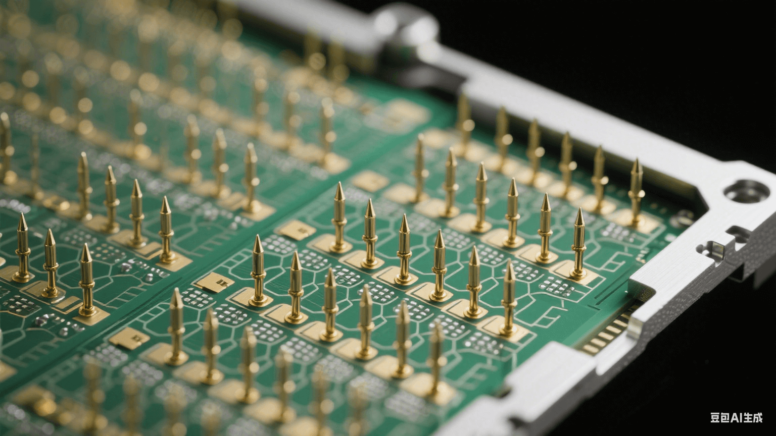 晶圓探針卡顯微結(jié)構(gòu)：殷鋼框架蜂窩陣列探針，3μm鍍金針尖以8-12gf接觸力壓接30μm焊盤，聚酰亞胺應(yīng)力緩沖層釋放機(jī)械應(yīng)力，翠綠色EMI屏蔽網(wǎng)隔離信號通道