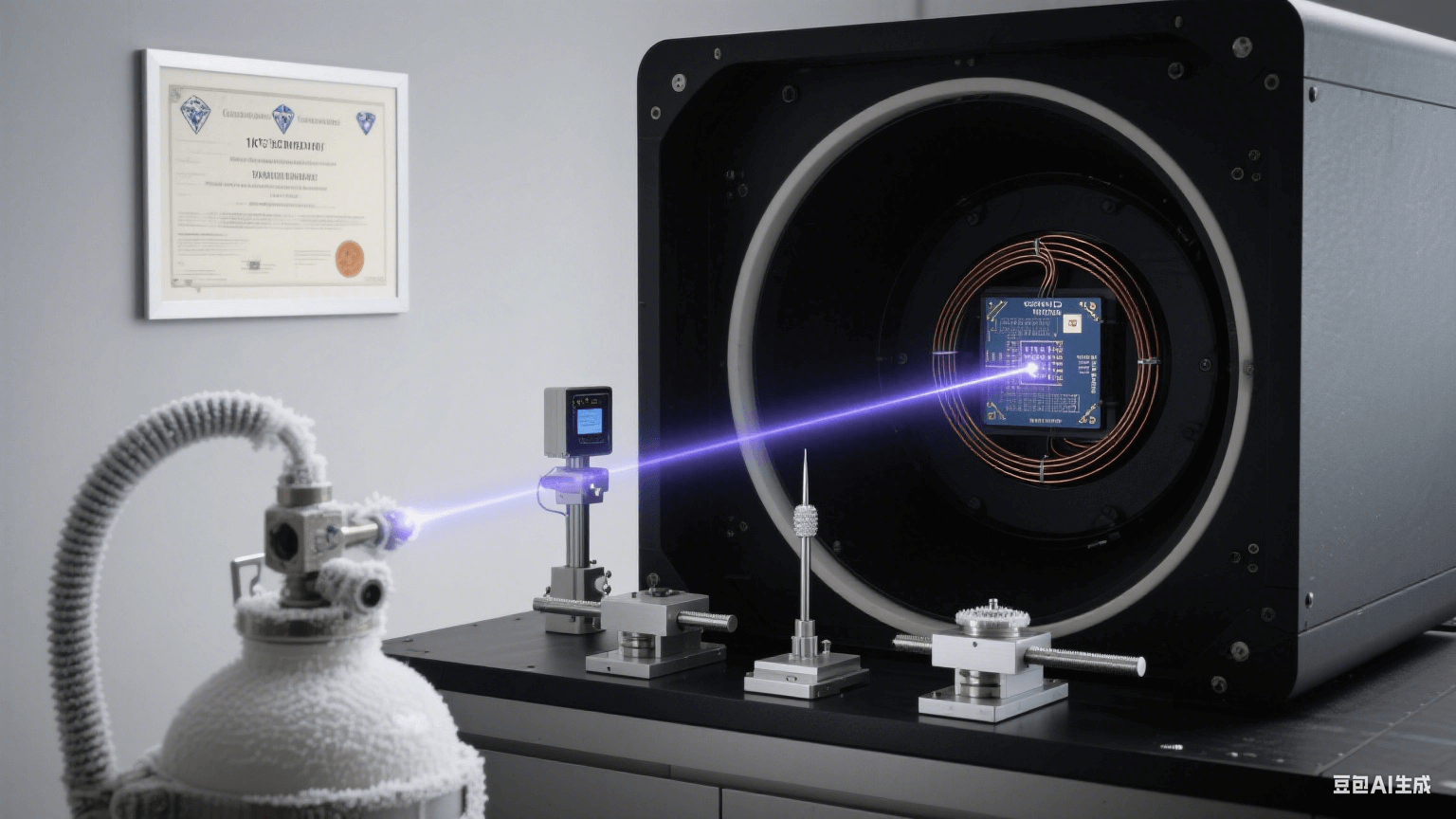 超導(dǎo)量子測試系統(tǒng)：液氦杜瓦瓶連接真空腔，超導(dǎo)線圈激發(fā)量子比特糾纏光軌，納米位移臺探針掃描芯片信號