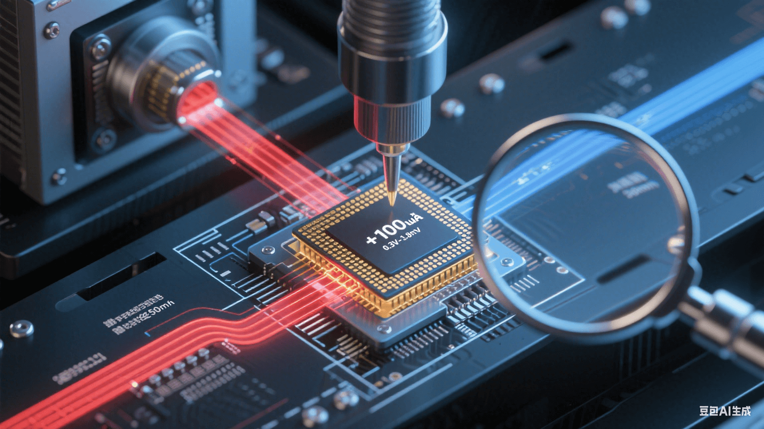 ATE測試信號閉環(huán)流程圖：紅色激勵(lì)信號經(jīng)50Ω微帶線輸入BGA芯片，金色響應(yīng)信號返回ATE機(jī)臺，顯微特寫顯示±100μA電流在0.3V-0.8V保護(hù)二極管測試區(qū)間