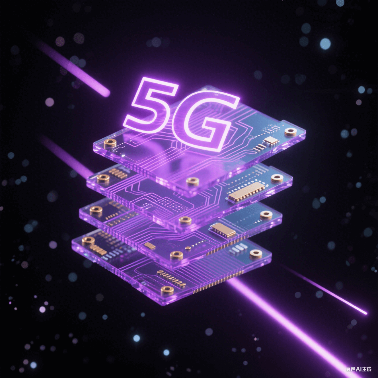 抽象多層電路板懸浮于深空背景，紫色發光線路與金色過孔構成脈沖光網，水晶質感介電材料呈現5G信號傳輸概念