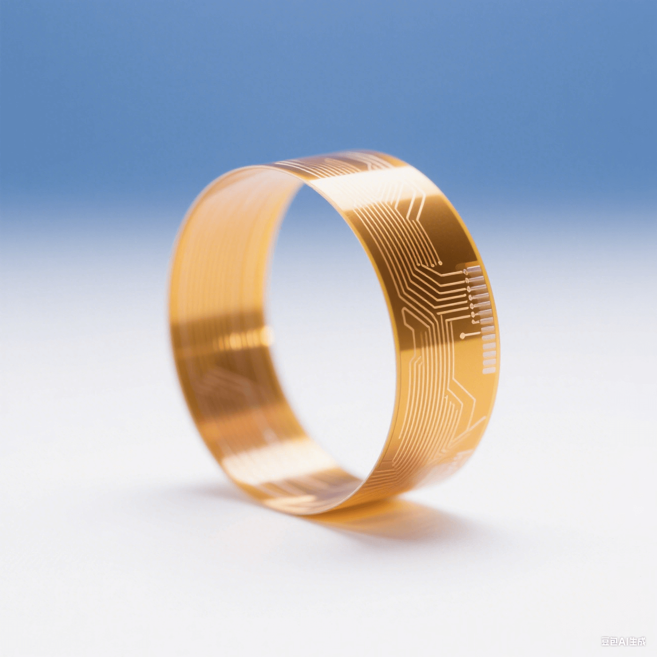 聚酰亞胺柔性電路板在白色背景中以5mm半徑彎曲，金色銅箔線路折射暖光，冷調環境光突顯材料柔韌性與科技感