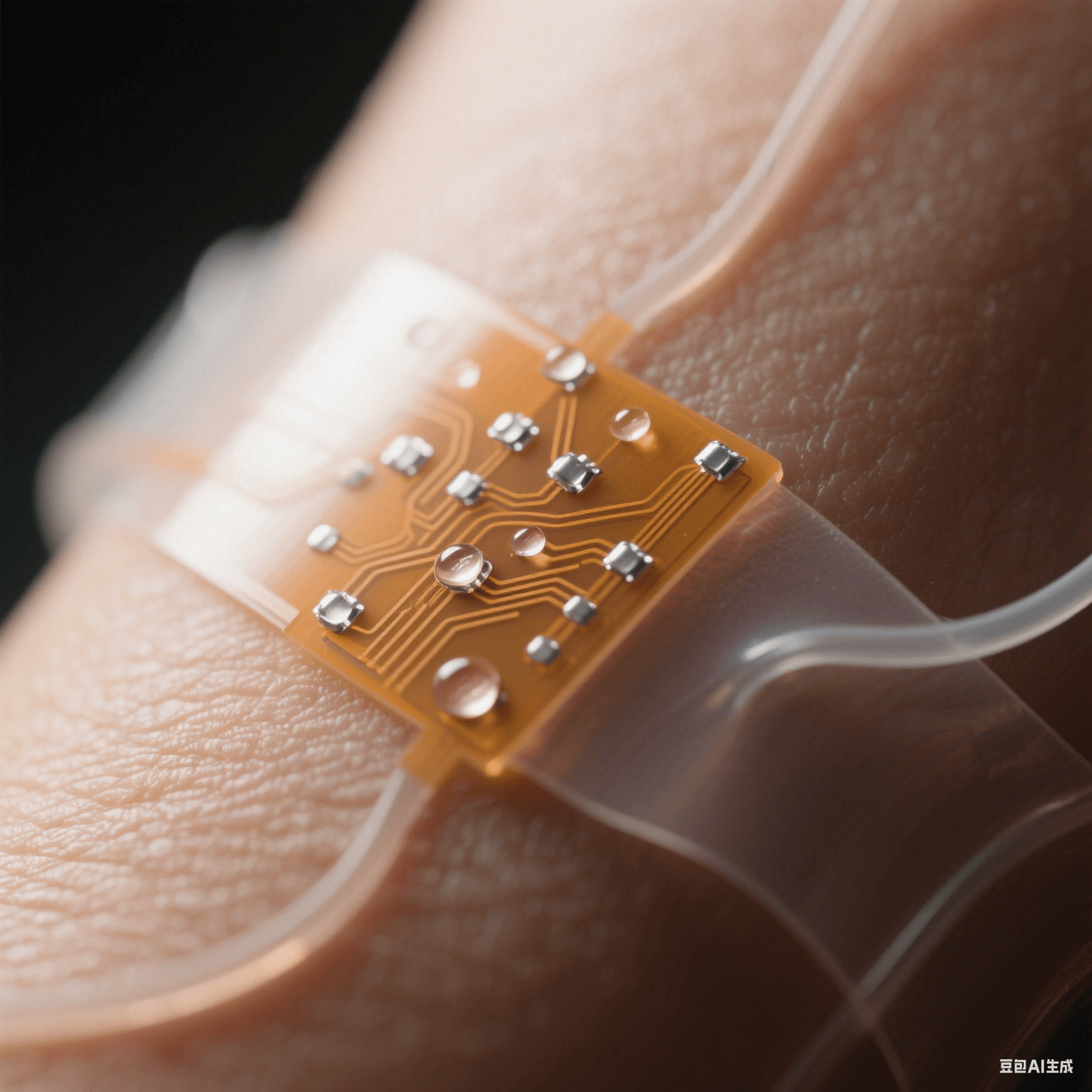 半透明琥珀色柔性電路板微距貼合人類皮膚，銀色焊點如露珠嵌于生物相容涂層表面，邊緣自然卷曲呈現醫療電子融合