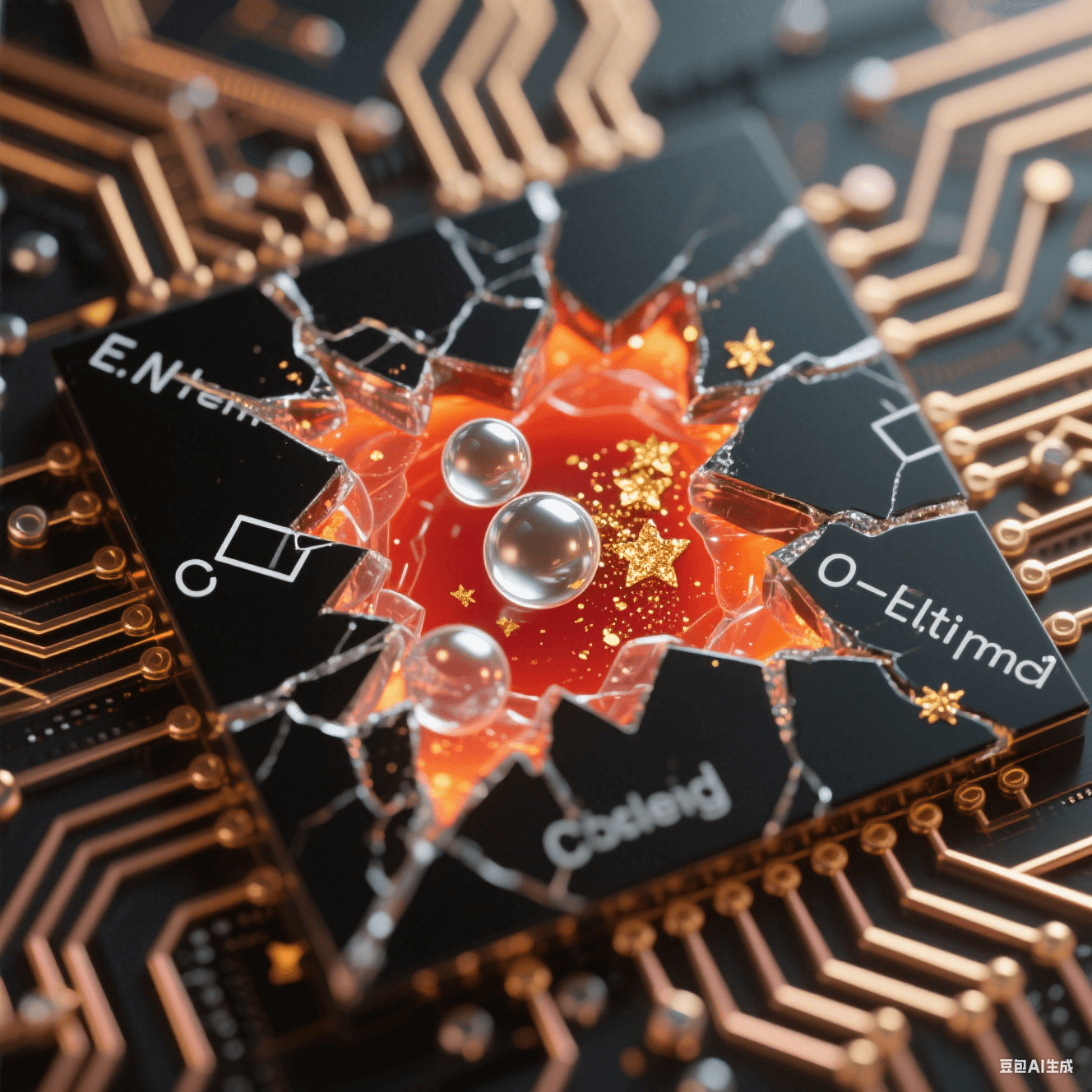 黑色電路裂紋中透明微膠囊破裂釋放液態銀球與金粉，橙紅聚合光暈沿銅網格擴散