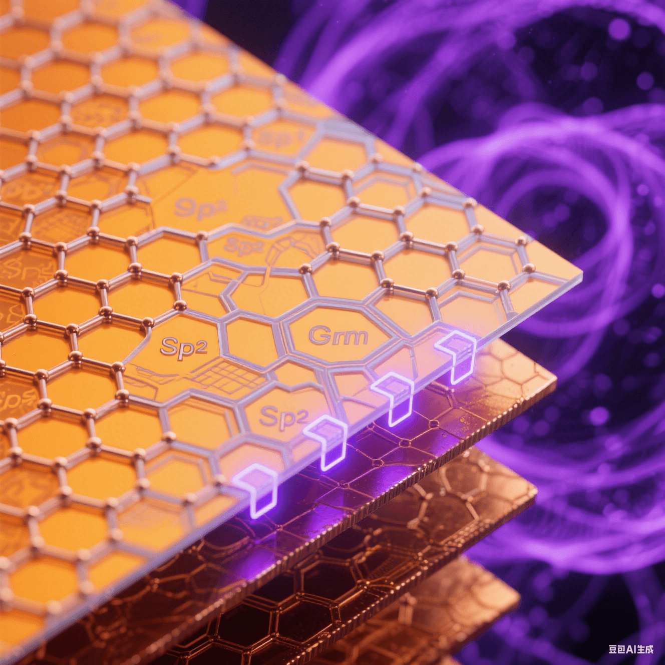 透射電鏡風格界面層：橙黃銅晶格表面覆蓋碳六邊形網絡，鍵合處泛藍紫量子輝光，深紫電子云背景
