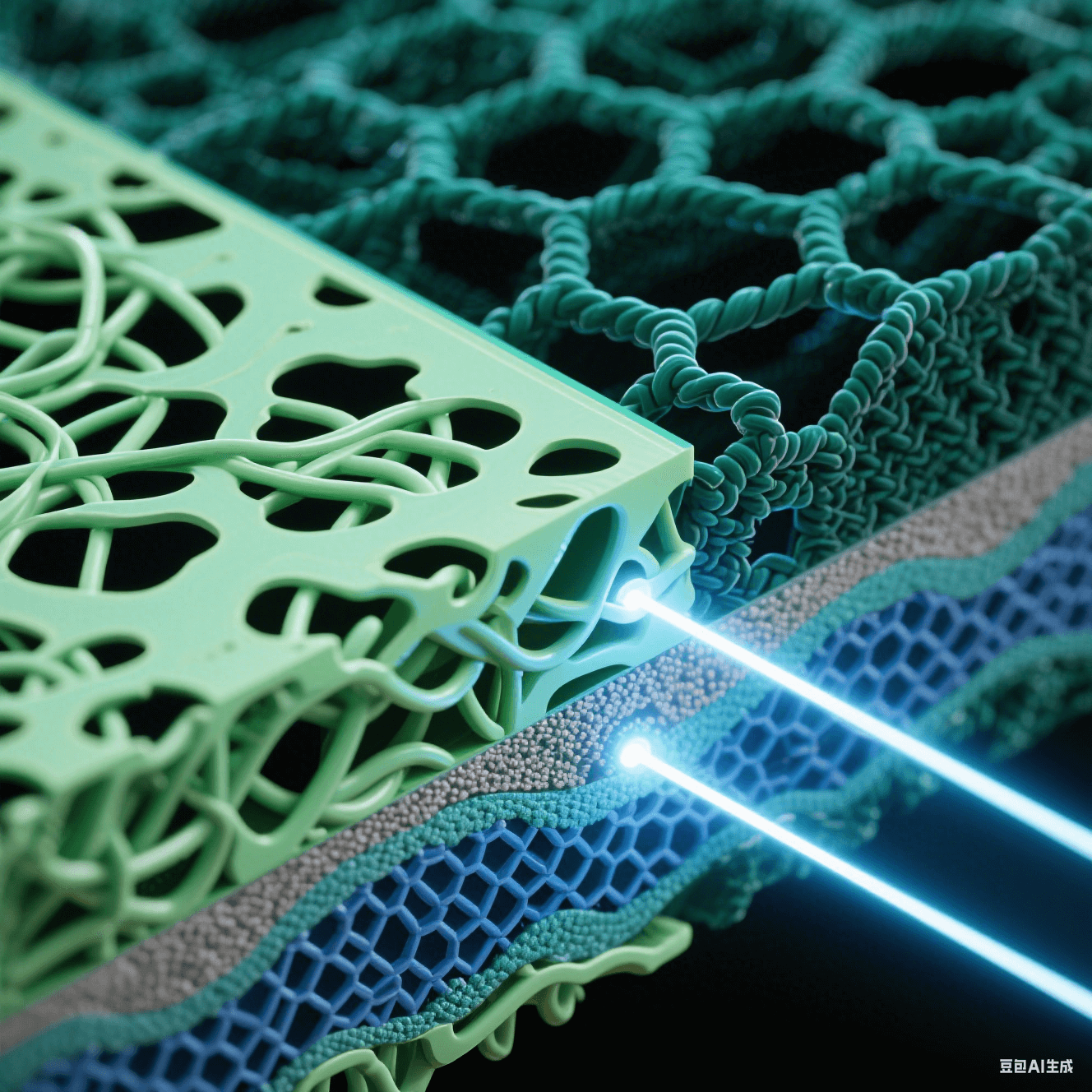 納米級樹脂剖面藝術圖：左側淺綠松散分子鏈含黑色孔隙，右側墨綠致密交聯網絡呈剛性六邊形，青白紫外光束穿透層間
