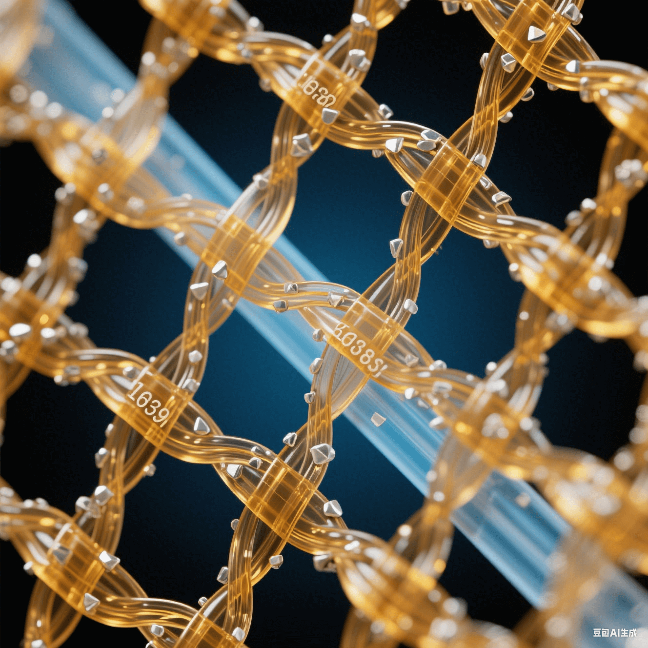 透明玻璃纖維束嵌入琥珀色環氧樹脂網格，表面附著銀白色納米顆粒，冷藍背光突顯三維網狀復合結構