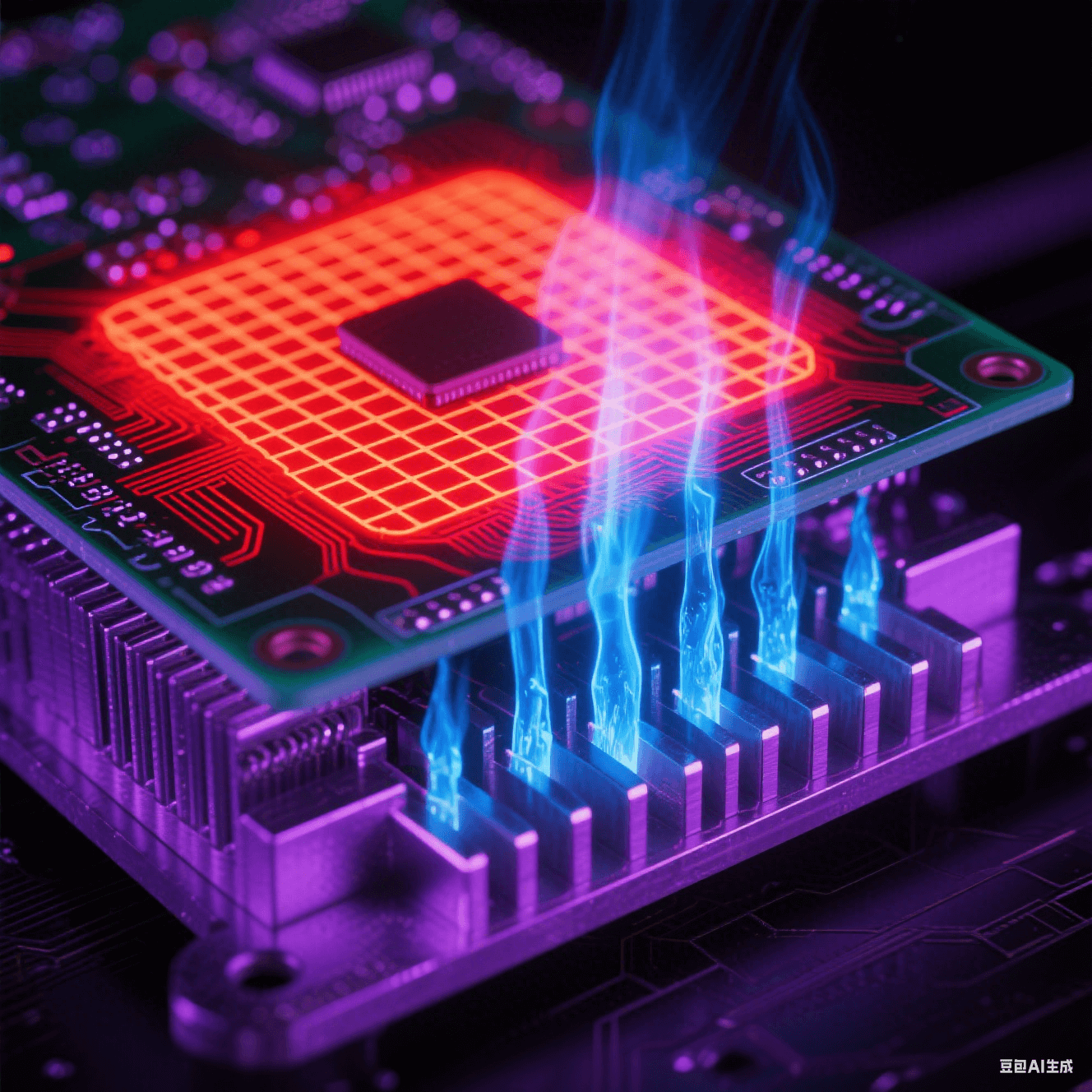 紅外視角PCB亮紅色高溫區，藍色柱狀熱過孔貫穿連接底部散熱鰭片，鋁基板泛金屬冷光，熱蒸汽在紫黑背景上升