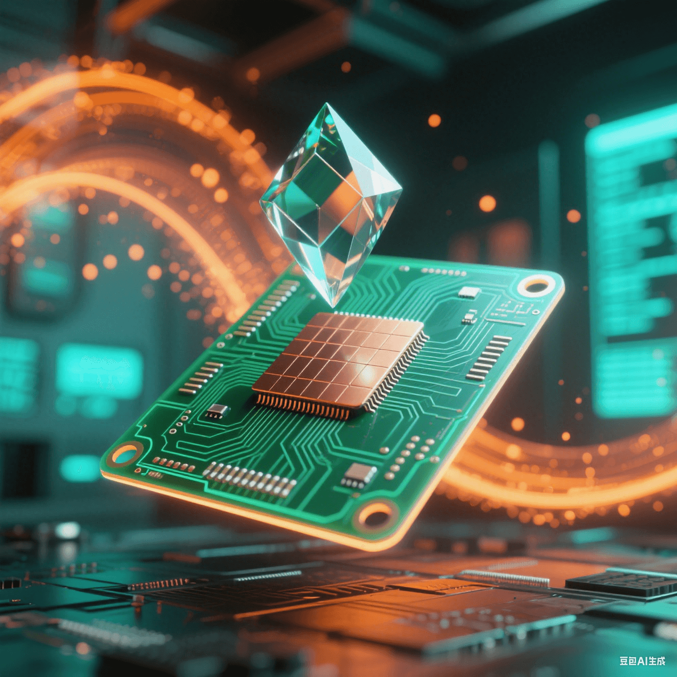 懸浮透綠PCB被激光網格掃描，交匯點凝結飄浮菱形水晶，銅厚光帶投射陰影，霓虹粒子流抽象數據庫青橙光霧彌漫