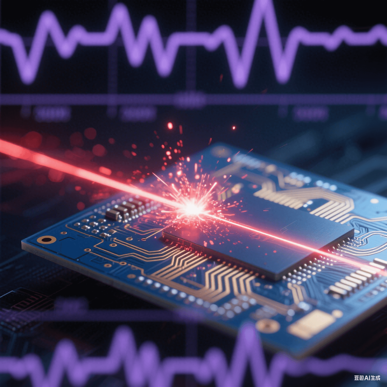 深藍色PCB上金色電路脈沖激光傳輸，末端爆裂為紅色粒子霧，背景虛化示波器波形與冷紫色工業激光束，高對比玻璃纖維紋理微觀呈現