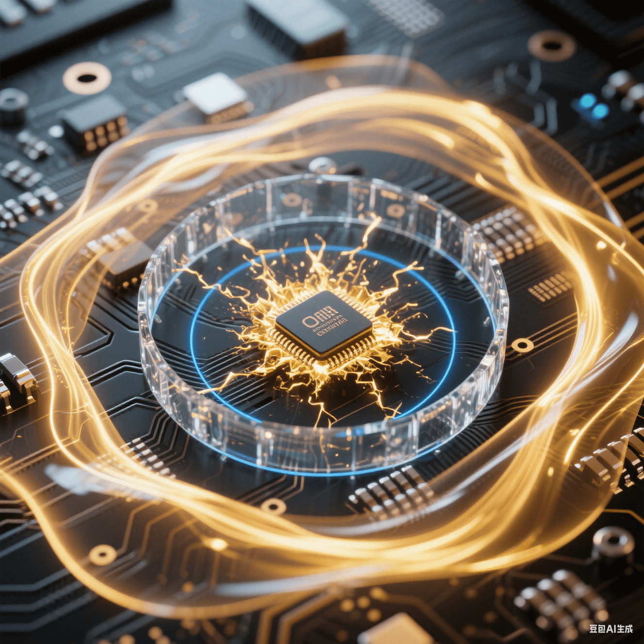 黑色PCB芯片爆發環狀金色能量波形成閉合光環，透明水晶屏障截斷路徑，藍色同心圓阻尼波從電容區擴散