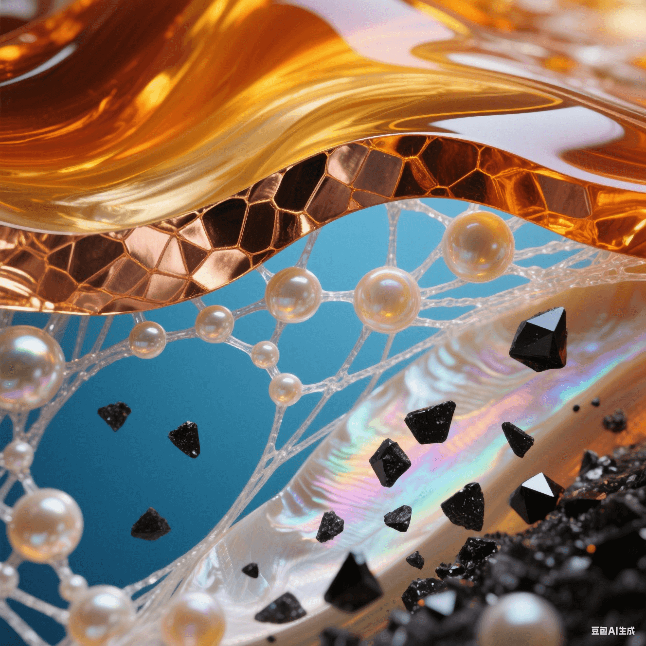 琥珀色樹脂與鎏金銅箔分離，層間涌出珍珠母貝氣泡，玻璃纖維化作發光絲線，藍橙熱應力波與虹光結晶交織的動力學美學場景