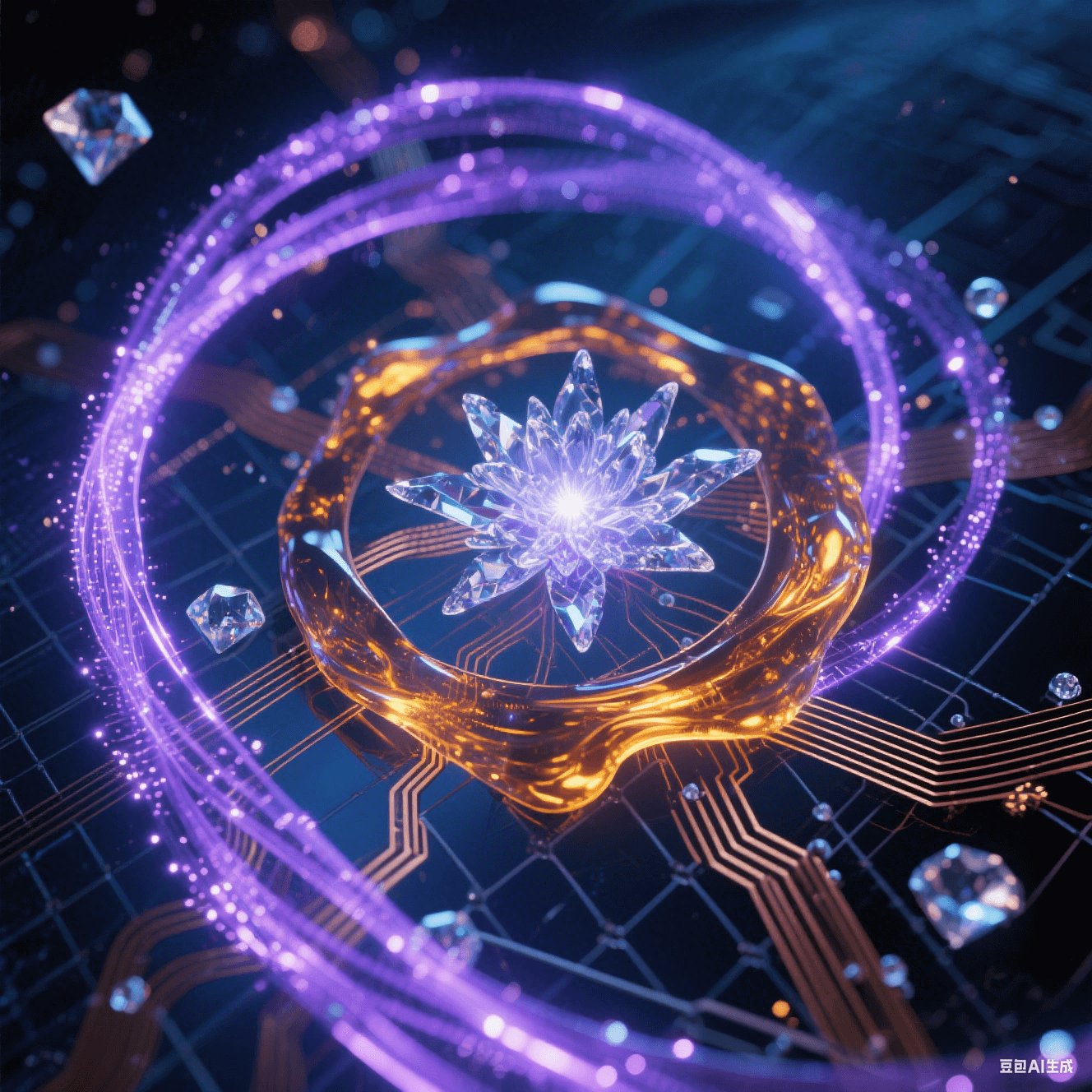 幽藍色玻纖上琥珀樹脂流淌液態光影，紫色離子粒子流在納米縫隙舞動成星系漩渦，光導纖維網絡故障點綻放水晶能量花簇的光影藝術表現