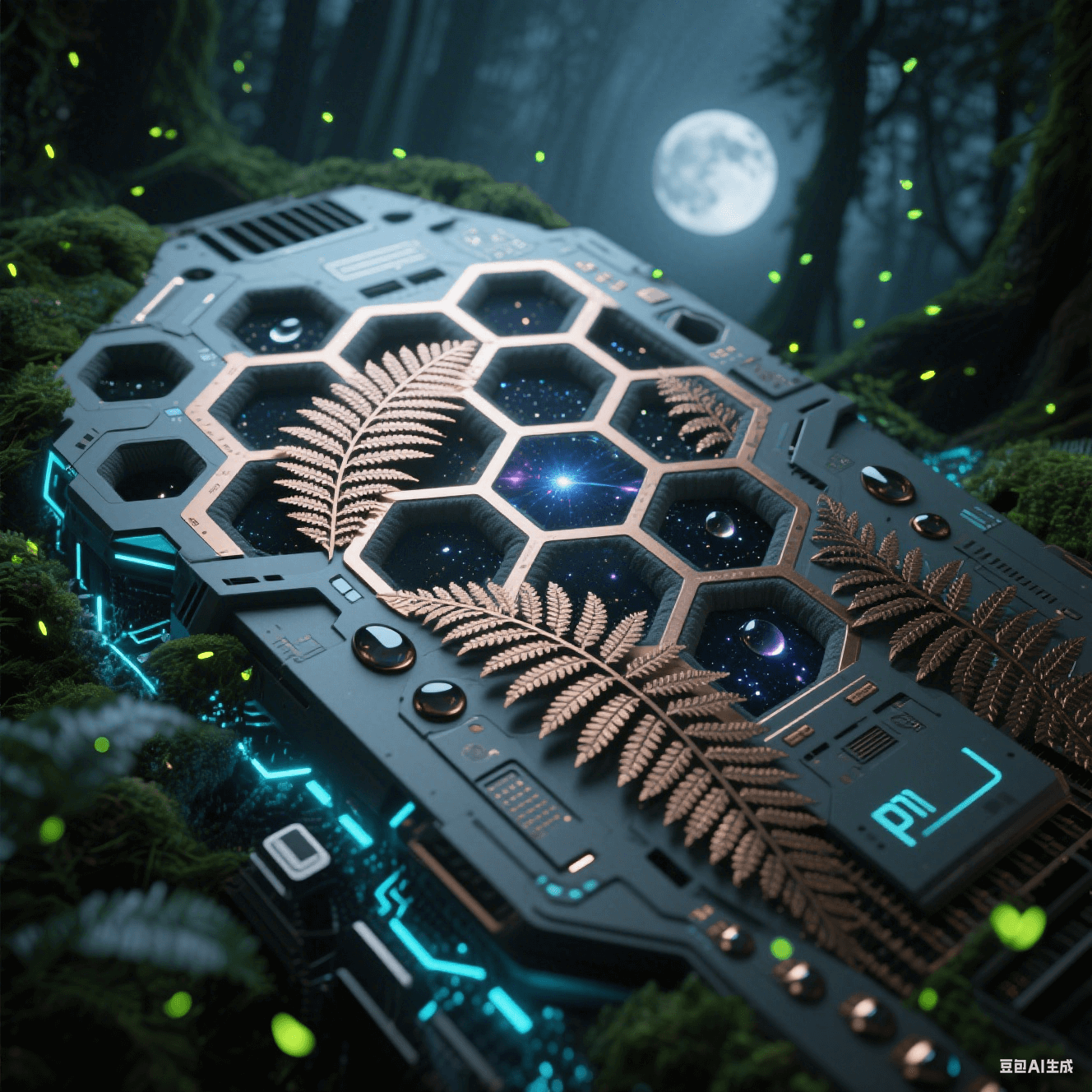 蜂巢結構 PTFE 核心流淌銀河光脈，銅箔生長蕨葉狀散熱紋，液態金屬焊盤與全息粒子嵌入碳灰緩沖層，月光森林氛圍中飄著螢火蟲光點的未來生態畫面