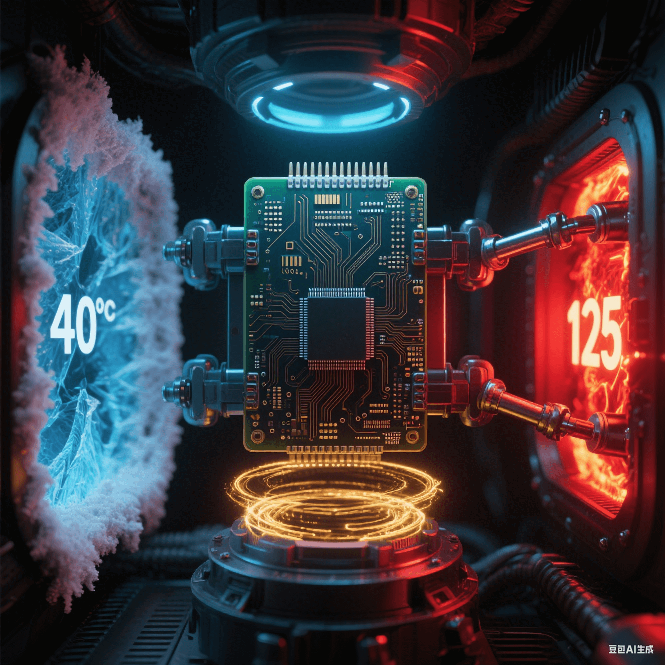 電路板極端環境測試艙 - 左側 - 40℃冰藍色結霜區域 - 右側 125℃熾熱發紅焊點 - 中央板體機械振動 - 應力釋放槽周圍金色能量漣漪 - 全黑背景紅光藍光照明
